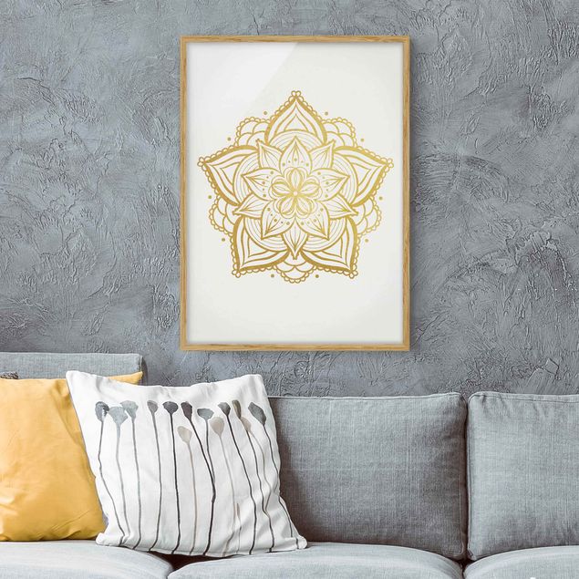 Déco mur cuisine Illustration Mandala Fleur Or Blanc
