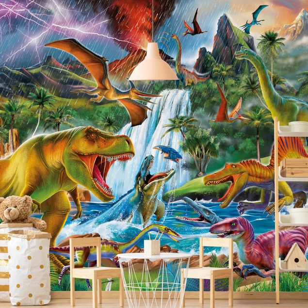 Papiers peints modernes Dinosauri in una tempesta preistorica