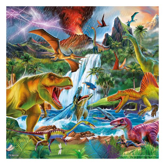 tapisserie panoramique Dinosauri in una tempesta preistorica