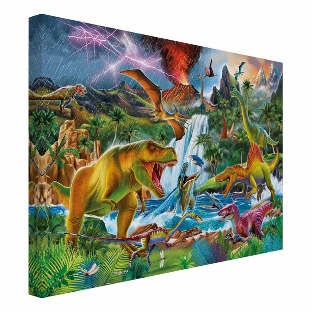 Toile imprimée animaux Dinosaures dans une tempête préhistorique