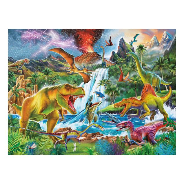 Tableau en verre animaux Dinosaures dans une tempête préhistorique