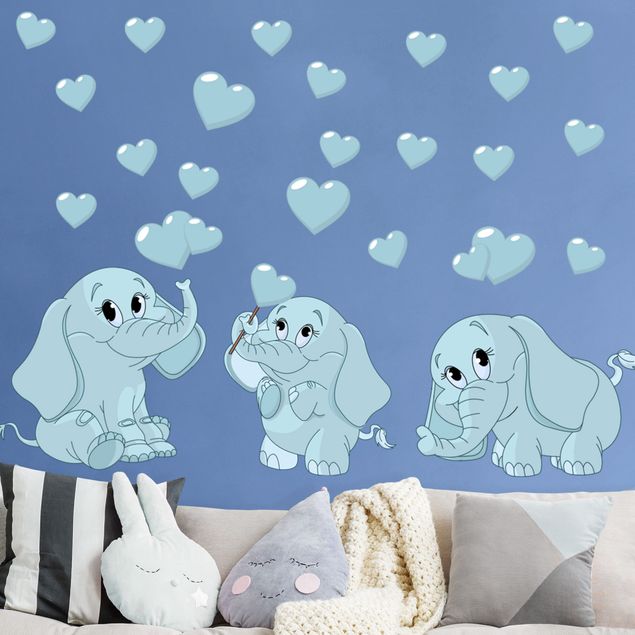 Stickers muraux elephant Trois éléphanteaux bleus avec des cœurs