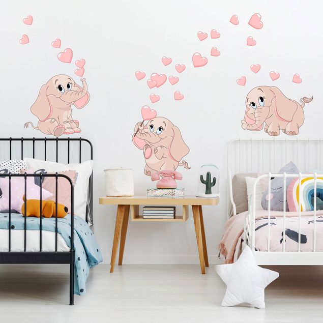 Stickers muraux animaux Trois éléphanteaux roses avec des cœurs