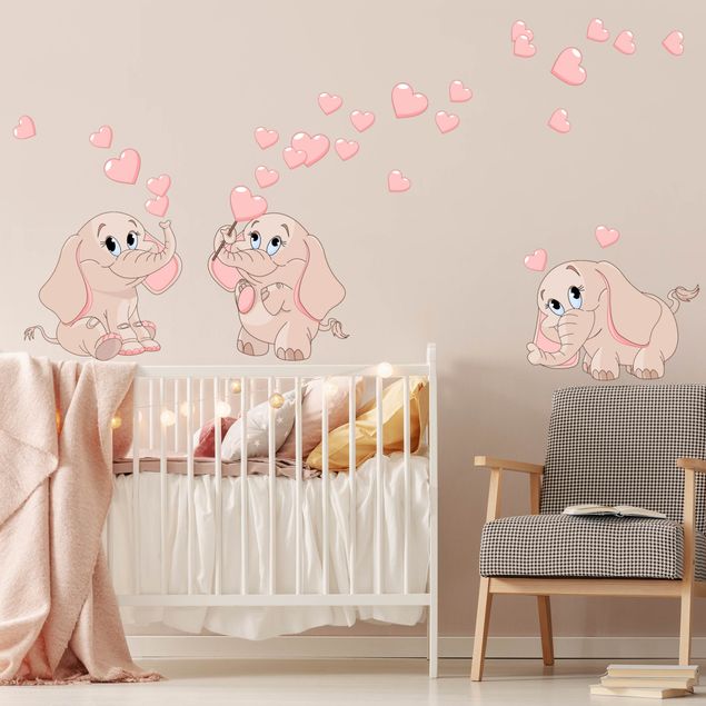 Stickers muraux coeur Trois éléphanteaux roses avec des cœurs
