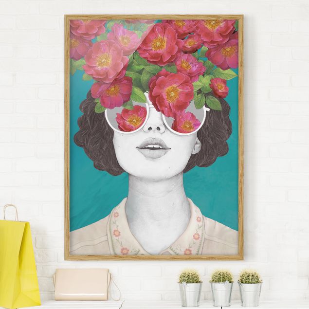 Déco murale cuisine Illustration Portrait Femme Collage avec Fleurs Lunettes