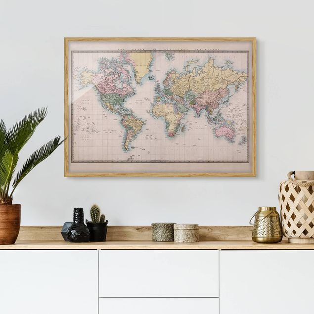 Affiches encadrées carte du monde Tableau Vintage du monde vers 1850