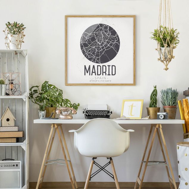 Tableaux encadrés mappemonde Plan de ville de Madrid - Rétro