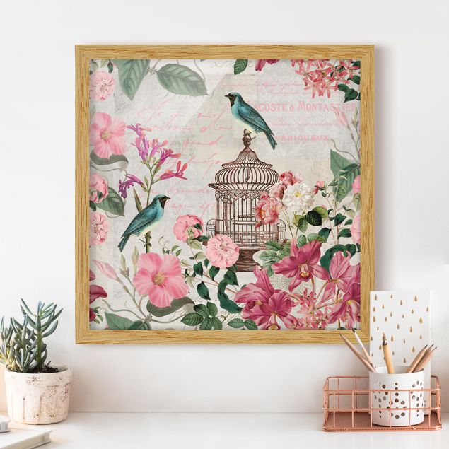 Déco mur cuisine Collage Shabby Chic - Fleurs roses et oiseaux bleus