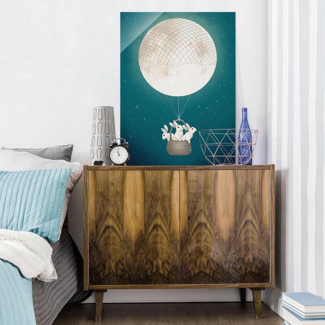Tableau moderne Illustration Lapins Lune comme Montgolfière Ciel étoilé