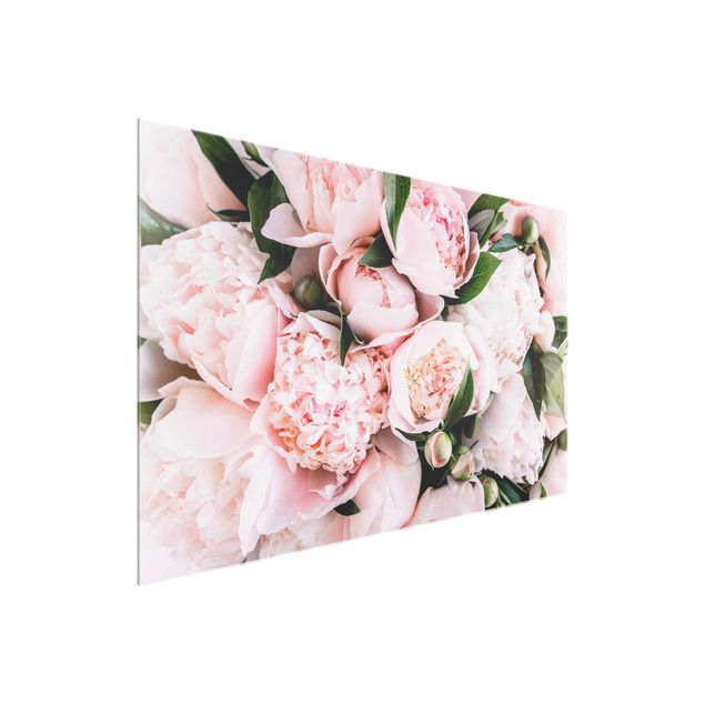 Tableaux en verre fleurs Pivoines roses avec feuilles