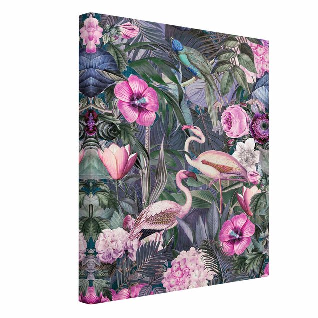Toile oiseaux Collage coloré - Flamants roses dans la jungle