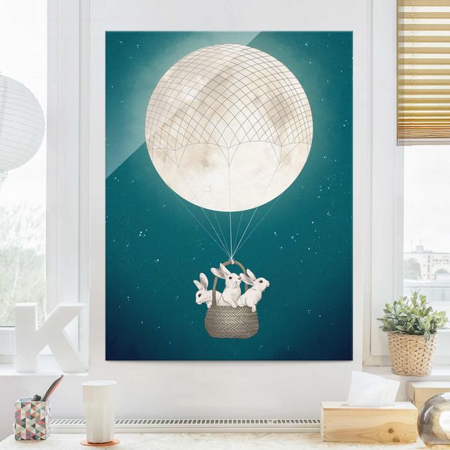 Tableaux en verre magnétique Illustration Lapins Lune comme Montgolfière Ciel étoilé
