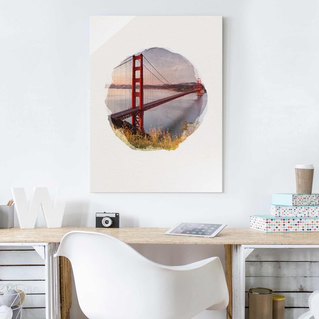 Tableaux en verre architecture & skyline Aquarelles - Golden Gate Bridge à San Francisco