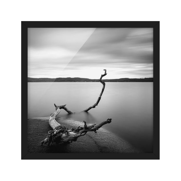 Tableaux encadrés paysage Coucher de soleil en noir et blanc au bord du lac