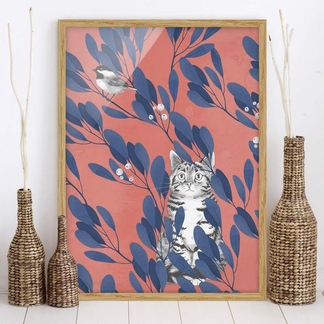 Décorations cuisine Illustration Chat et Oiseau sur une Branche Bleu Rouge