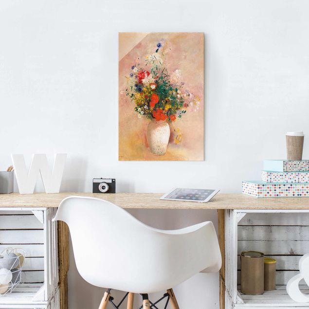 Tableaux en verre roses Odilon Redon - Vase avec fleurs (fond rose)