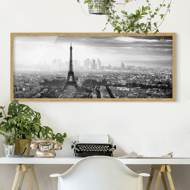 Tableau Paris La Tour Eiffel vue du ciel en noir et blanc