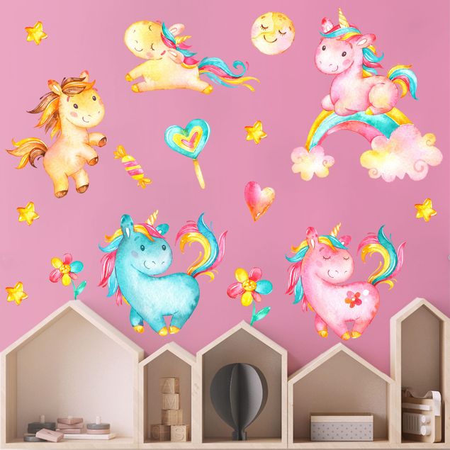 Sticker mural licorne Lot aquarelle pour Chambre bébé licorne