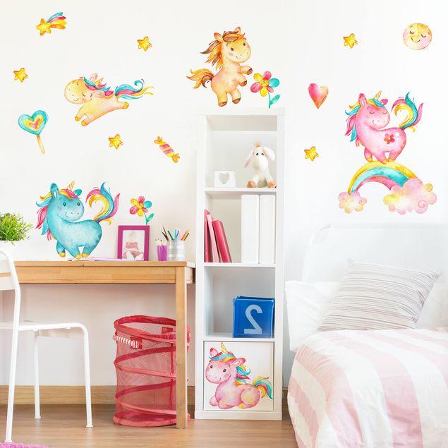 Sticker mural animaux Lot aquarelle pour Chambre bébé licorne