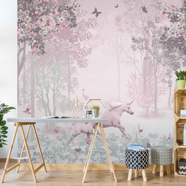 Tapisserie moderne Unicorn On Flowering Meadow In Pink