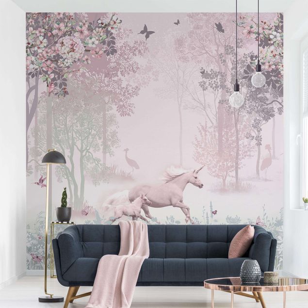 Tapisserie forêt Unicorn On Flowering Meadow In Pink