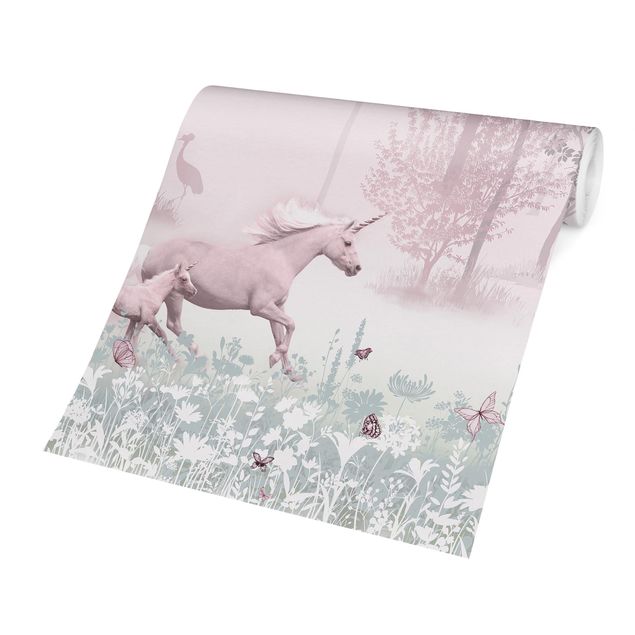 Tapisserie animaux Unicorn On Flowering Meadow In Pink