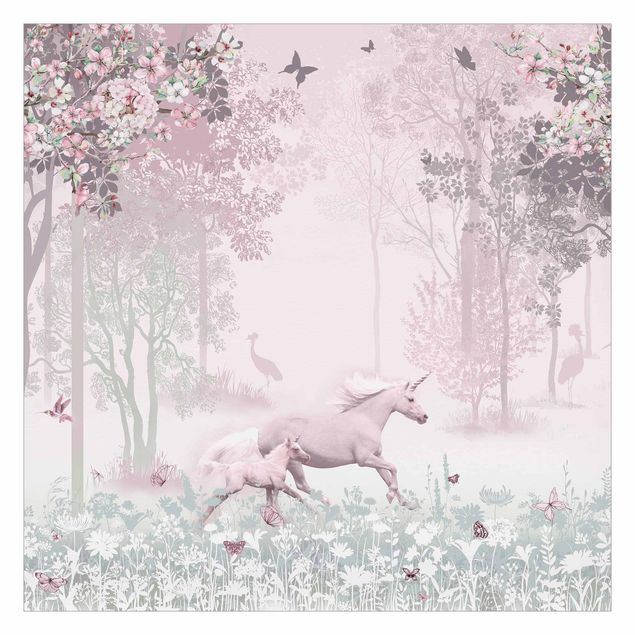 Tapisserie rose Unicorn On Flowering Meadow In Pink