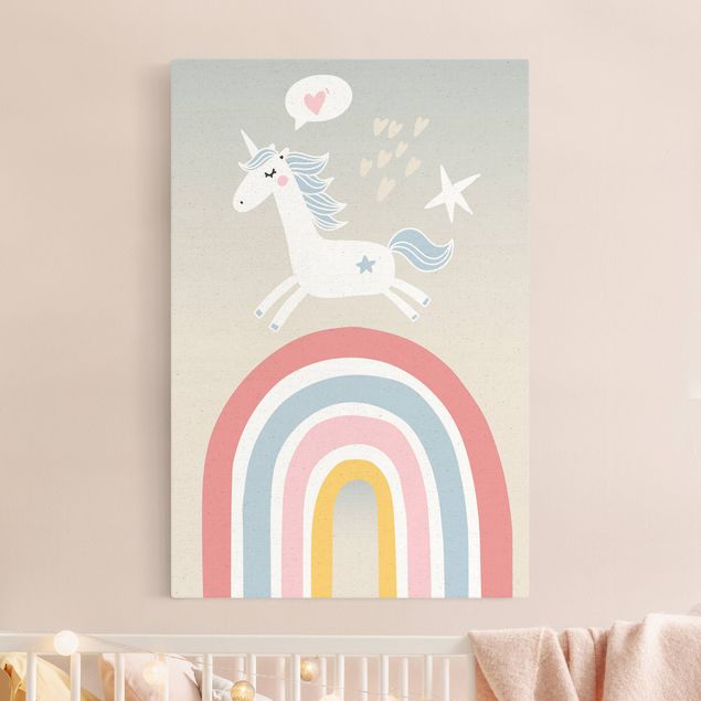 Tableau moderne Licorne avec arc-en-ciel au pastel