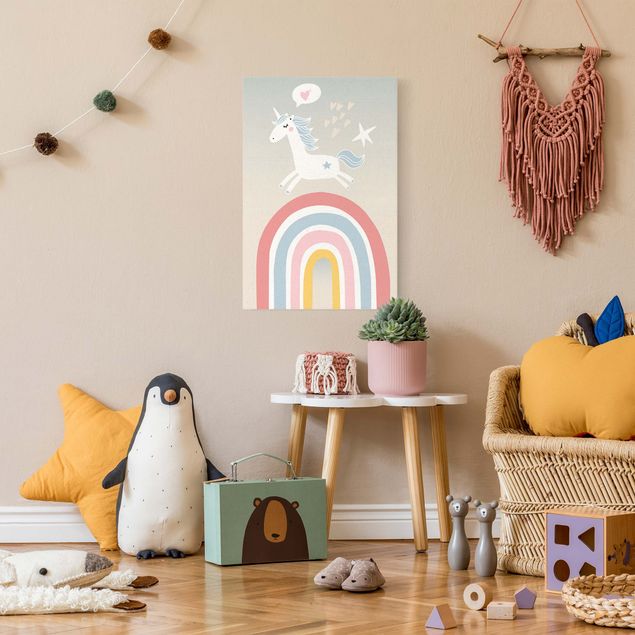 Tableau animaux Licorne avec arc-en-ciel au pastel