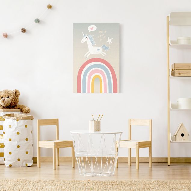 Tableau toile animaux Licorne avec arc-en-ciel au pastel