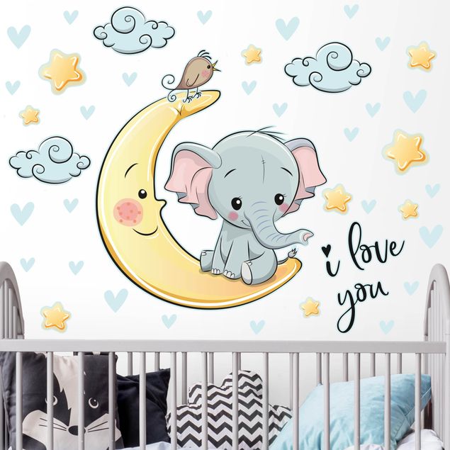 Décoration chambre bébé Eléphant et Lune I Love You