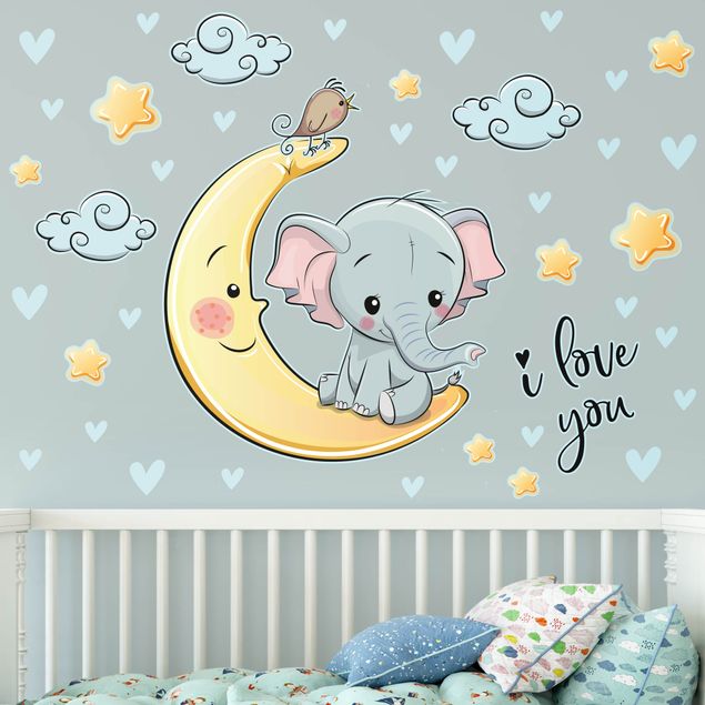 Stickers muraux oiseau Eléphant et Lune I Love You