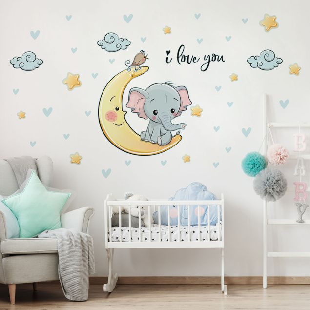 Sticker mural espace Eléphant et Lune I Love You
