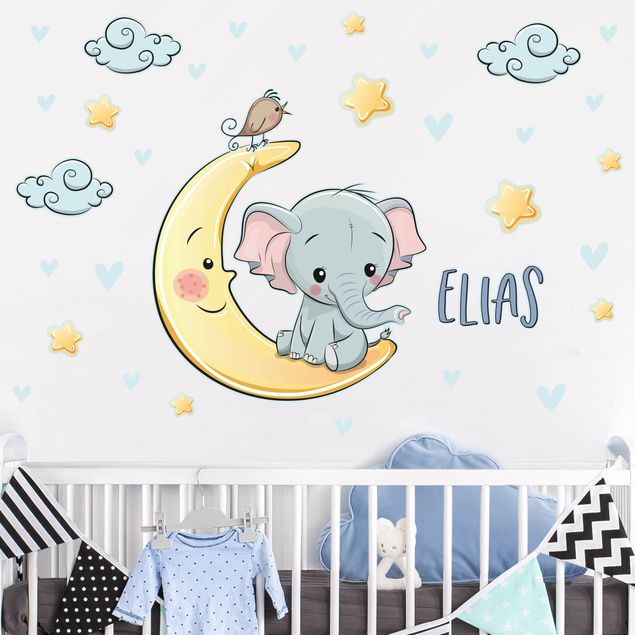 Décoration chambre bébé Eléphant lune avec nom personnalisé