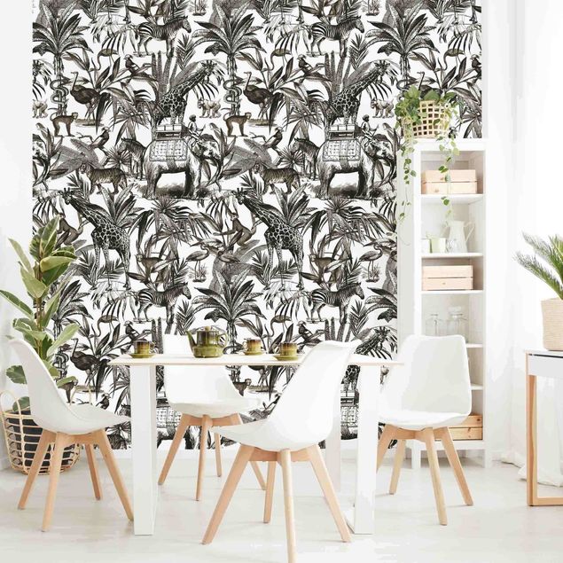 Papiers peints zèbre Eléphants Girafes Zèbres et Tigres en noir et blanc avec des tons bruns