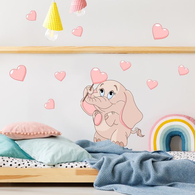 Sticker mur animaux Bébé éléphant avec des cœurs roses