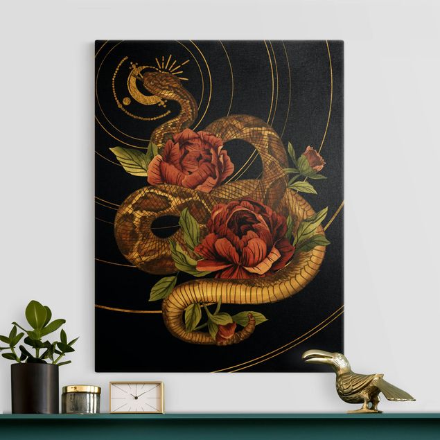 Toiles roses Serpent avec Roses Noir Et Or I