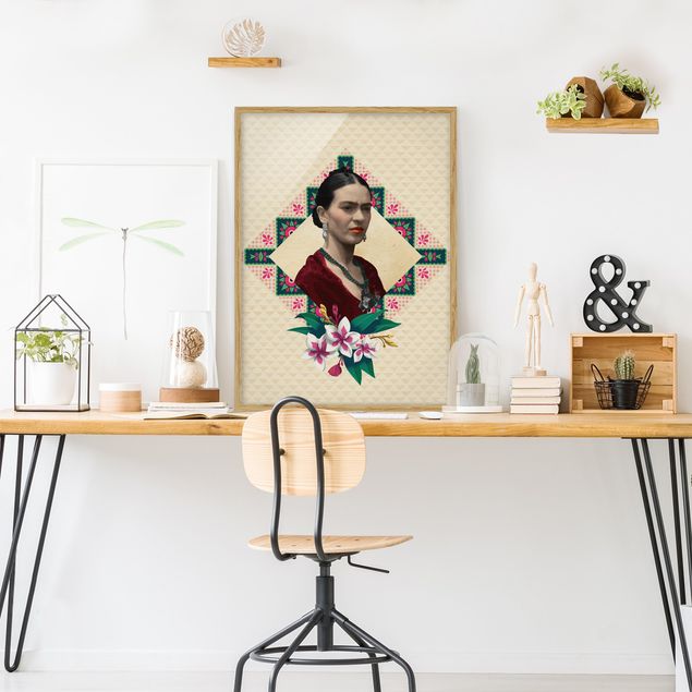 Tableaux portraits Frida Kahlo - Fleurs et géométrie