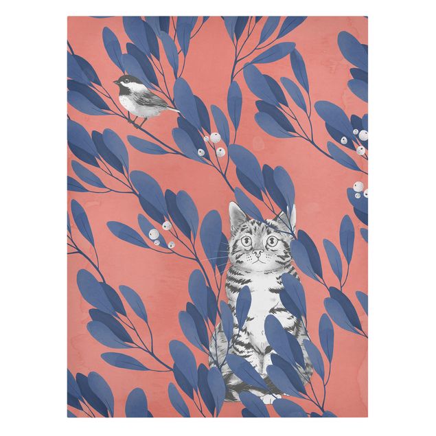 Tableau toile chat Illustration Chat et Oiseau sur une Branche Bleu Rouge