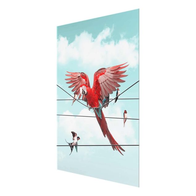 Tableau dominante rouge Ciel avec oiseaux