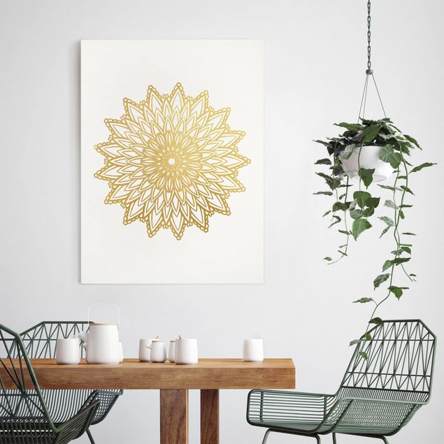 Tableaux sur toile avec dessins Illustration Mandala Soleil Or Blanc