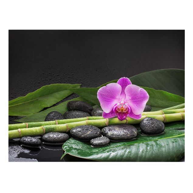 Tableaux sur toile effet pierre Bambou vert avec fleur d'orchidée