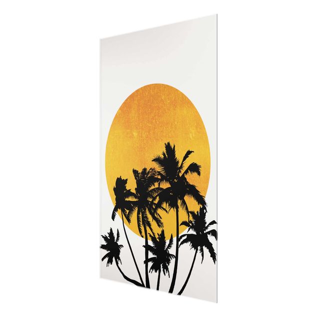 Tableau fleurs Palmiers devant un soleil doré
