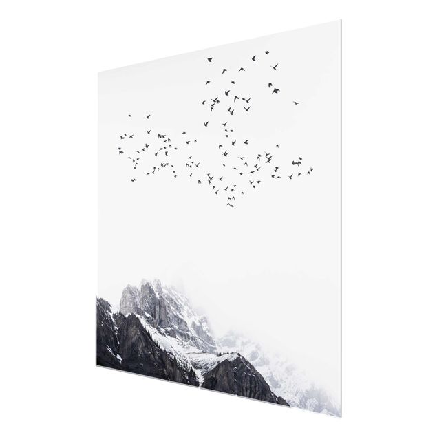 Tableaux modernes Volée d'oiseaux devant des montagnes noir et blanc