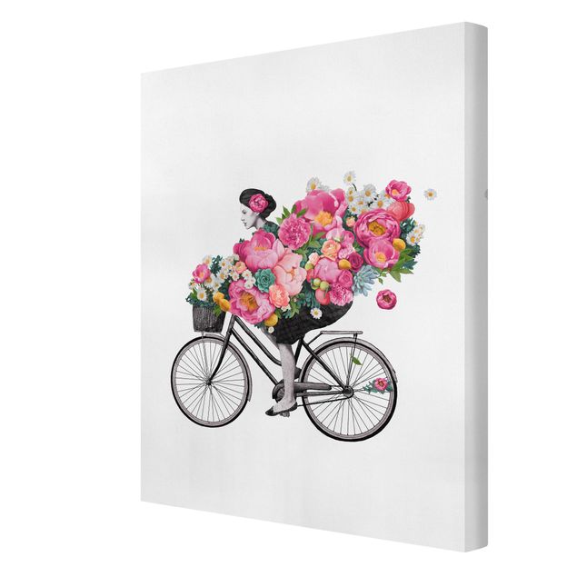 Tableau rose Illustration Femme à Bicyclette Collage Fleurs Colorées
