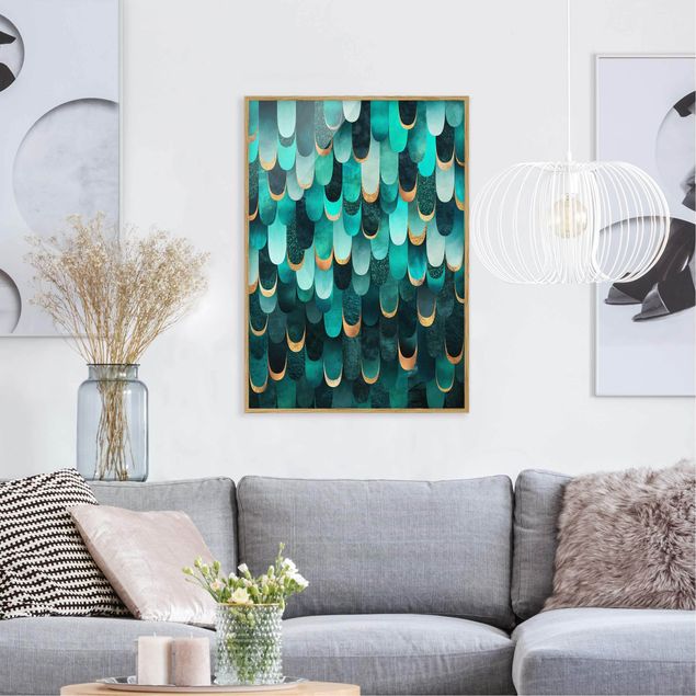 Tableau moderne Plumes Or Turquoise