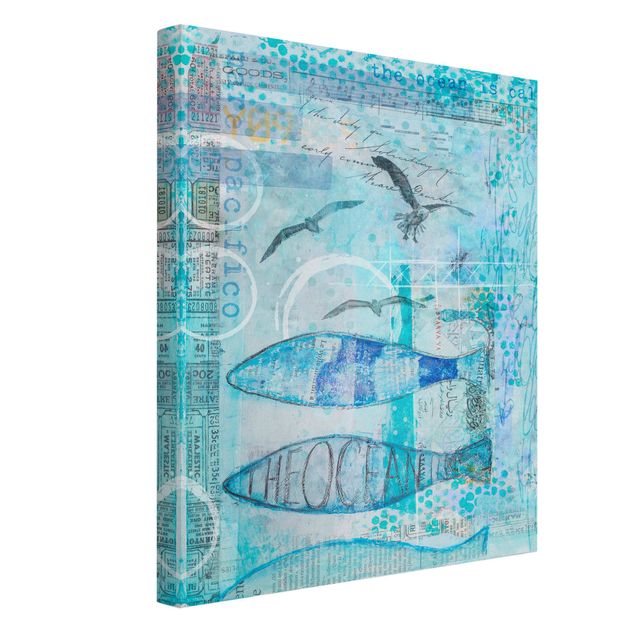 Toile poissons Collage coloré - Poisson bleu