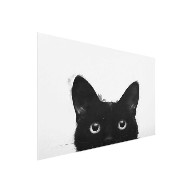 Tableaux en verre noir et blanc Illustration Chat Noir sur Peinture Blanche