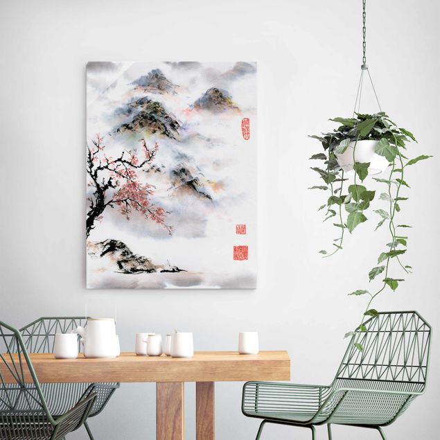 Tableau arbres Dessin aquarelle japonais Cerisier et montagnes