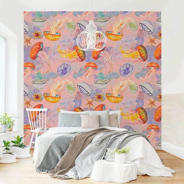 Papier peint poissons Colourful Jellyfish On Pink